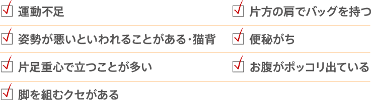 運動不足
姿勢が悪いといわれることがある・猫背
片足重心で立つことが多い
脚を組むクセがある
片方の肩でバッグを持つ
便秘がち
お腹がポッコリ出ている