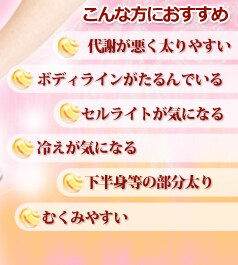 こんな方におすすめ 代謝が悪く太りやすい ボディラインがたるんでいる セルライトが気になる 冷えが気になる 下半身等の部分太り むくみやすい