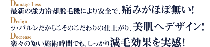 Damage Less
強力冷却により痛みが無く、安全。楽々スピードトリートメント!
Design
ラ・パルレだからこそ、美肌の追及! 仕上がりの美しさに感動!
Decrease
照射範囲が広く、特殊なパルスで立体的にアタック!