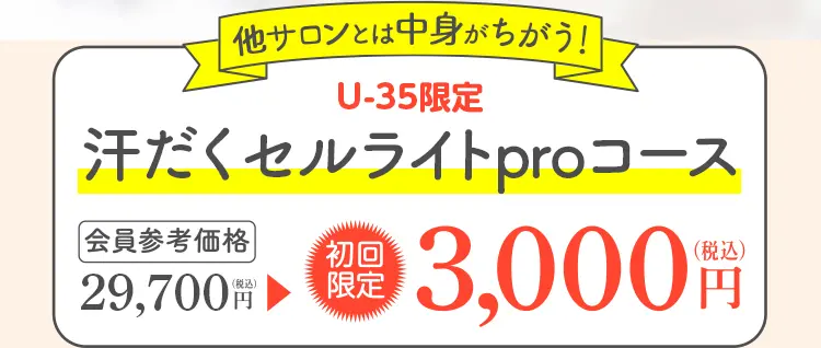 継続で結果につながる 汗だくセルライトproコース 会員参考価格 29,700円（税込）→35歳以下 初回限定 3,000円（税込）