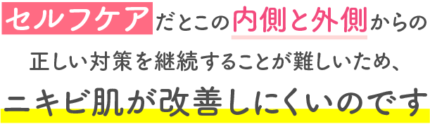 セルフケアだとこの内側と外側からの正しい対策を継続することが難しいためニキビ肌が改善しにくいのです