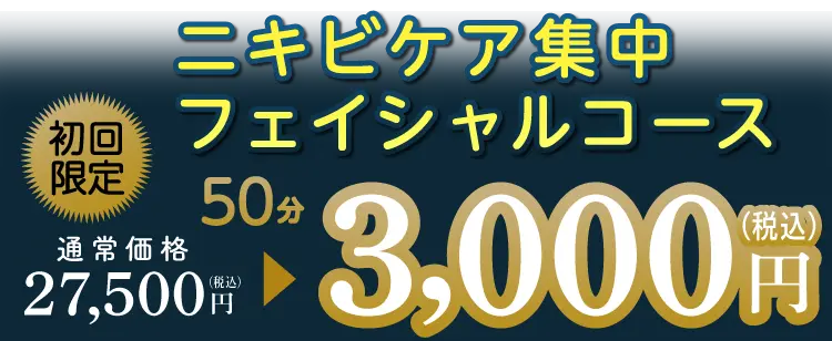 初回限定 ニキビケア集中フェイシャルコース 50分 通常価格 27,500円（税込）→ 3,000円（税抜）