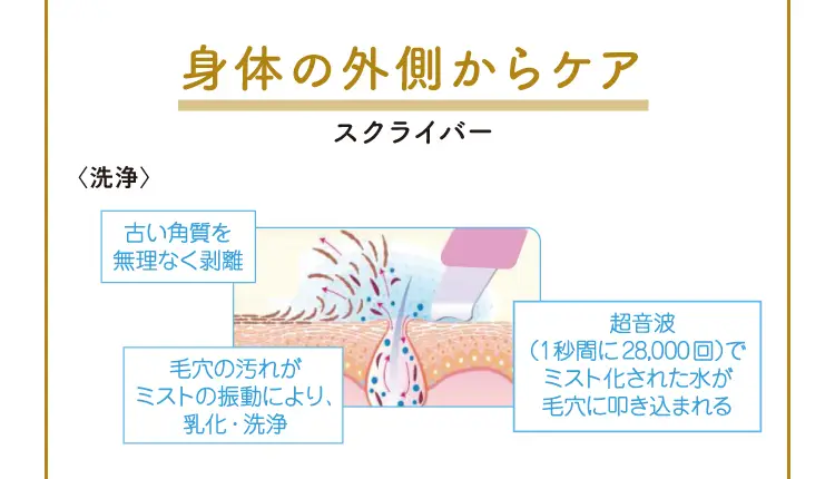 身体の外側からケア スクライバー 「洗浄」 古い角質を無理なく剥離 毛穴の汚れがミストの振動により、乳化・洗浄 超音波（1秒間に28,000回）でミスト化された水が毛穴に叩き込まれる