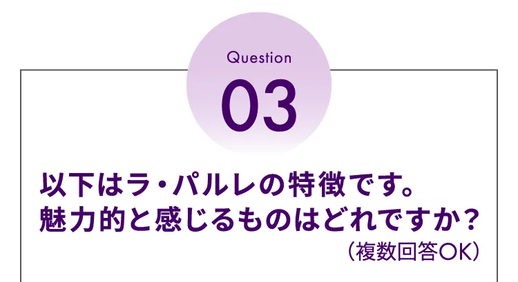 Question03 以下はラ・パルレの特徴です。魅力的と感じるものはどれですか?（複数回答OK）