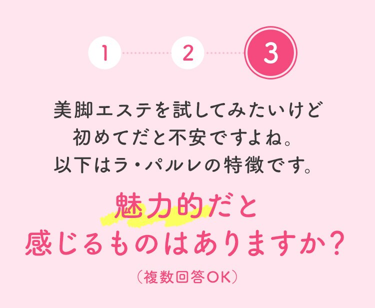 3 美脚エステを試してみたいけど初めてだと不安ですよね。以下はラ・パルレの特徴です。 魅力的だと感じるものはありますか？（複数回答OK）