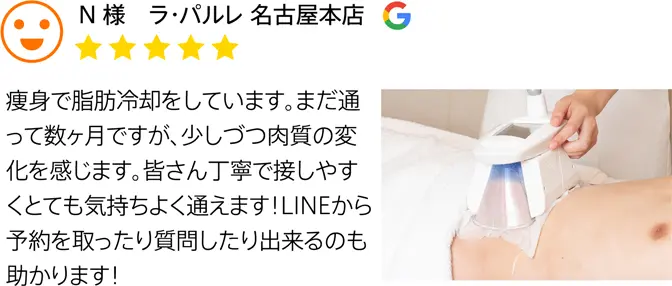 Google口コミ N様 ラ・パルレ 名古屋本店 痩身で脂肪冷却をしています。まだ通って数ヶ月ですが、少しづつ肉質の変化を感じます。皆さん丁寧で接しやすくとても気持ちよく通えます！LINEから予約を取ったり質問したりできるのも助かります！