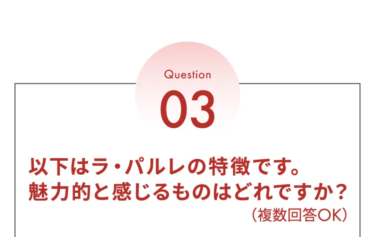 Question03 以下はラ・パルレの特徴です。魅力的と感じるものはどれですか?（複数回答OK）