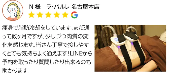 Google口コミ N様 ラ・パルレ 名古屋本店 痩身で脂肪冷却をしています。まだ通って数ヶ月ですが、少しづつ肉質の変化を感じます。皆さん丁寧で接しやすくとても気持ちよく通えます！LINEから予約を取ったり質問したりできるのも助かります！