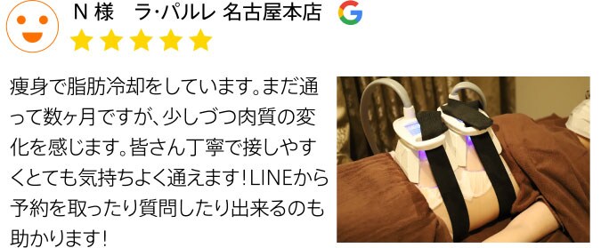 Google口コミ N様 ラ・パルレ 名古屋本店 痩身で脂肪冷却をしています。まだ通って数ヶ月ですが、少しづつ肉質の変化を感じます。皆さん丁寧で接しやすくとても気持ちよく通えます！LINEから予約を取ったり質問したりできるのも助かります！