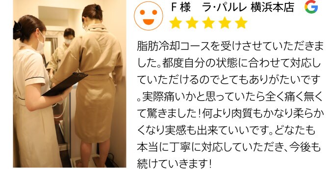 Google口コミ F様 ラ・パルレ 横浜本店 脂肪冷却コースを受けさせていただきました。都度自分の状態に合わせて対応していただけるのでとてもありがたいです。実際痛いかと思っていたら全く痛く無くて驚きました！何より肉質もかなり柔らかくなり実感も出来ていいです。どなたも本当に丁寧に対応していただき、今後も続けていきます。
