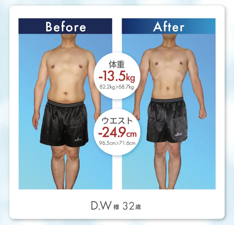 D.W様 32歳 Before After 体重13.5kg減 ウエスト24.9cm減