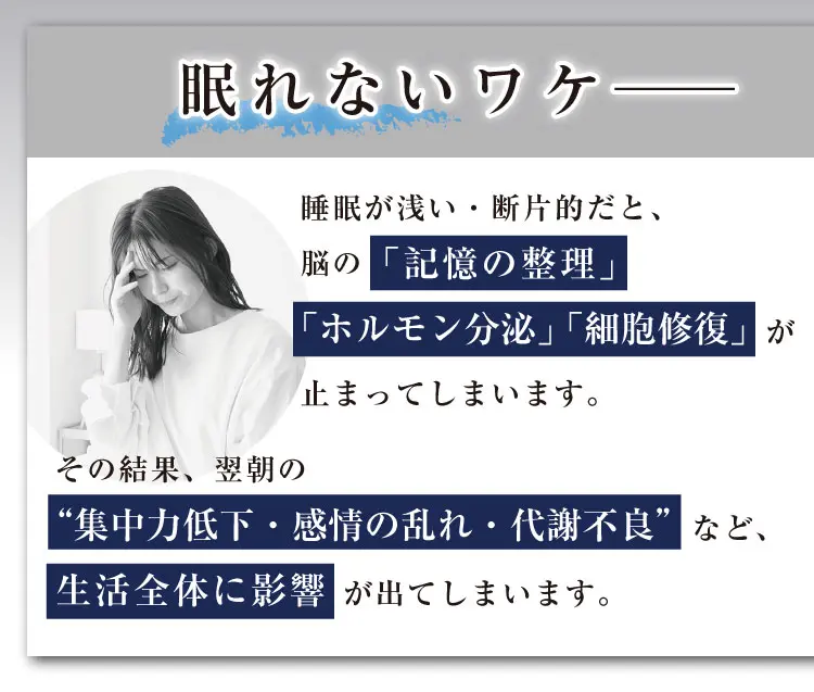 眠れないワケ──睡眠が浅い・断片的だと、脳の「記憶の整理」「ホルモン分泌」「細胞修復」が止まってしまいます。その結果、翌朝の“集中力低下・感情の乱れ・代謝不良”など、生活全体に影響が出てしまいます。
