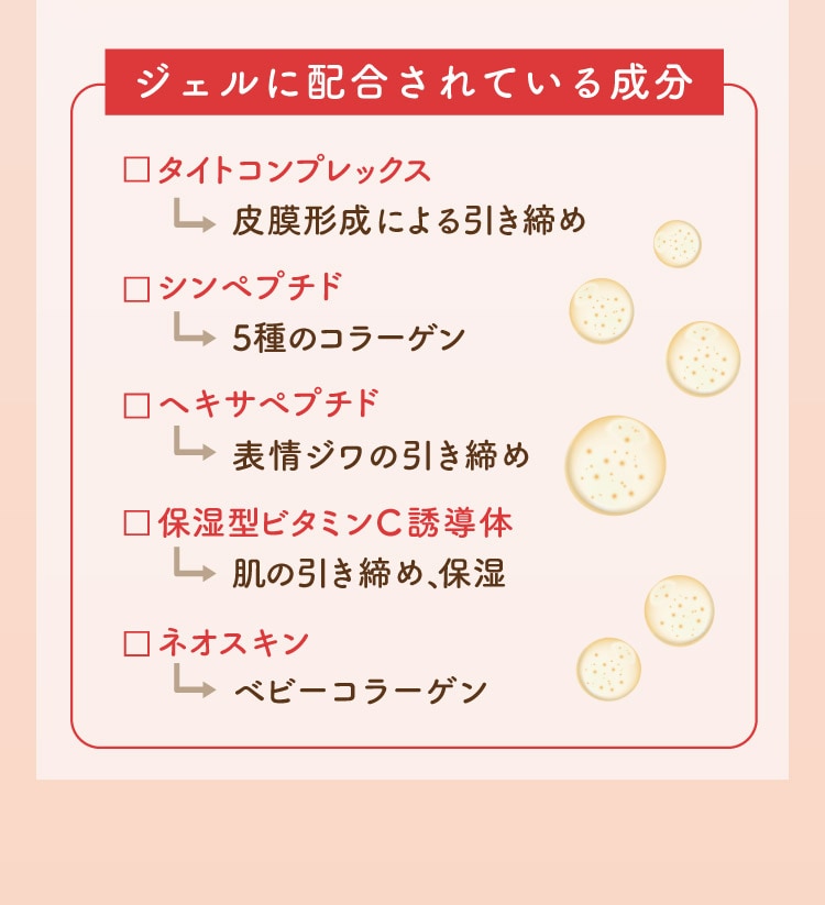 
            ジェルに配合されている成分
            ・タイトコンプレックス→皮膜形成による引き締め
            ・シンペプチド→5種類のコラーゲン
            ・ヘキサペプチド→表情ジワの引き締め
            ・保湿型ビタミンC誘導体→肌の引き締め、保湿
            ・ネオスキン→ベビーコラーゲン