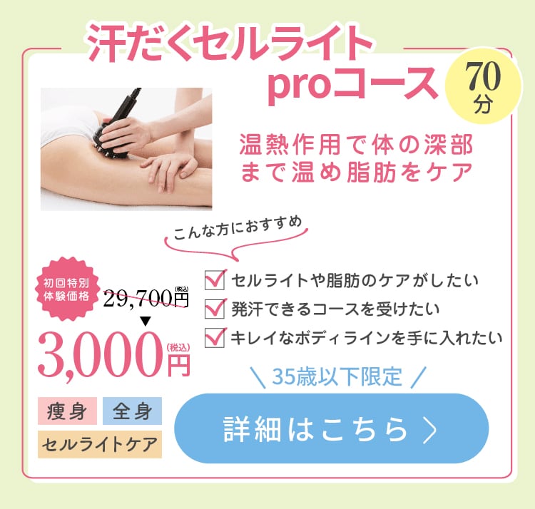 汗だくセルライトproコース70分 温熱作用で体の深部まで温め脂肪をケア 35歳以下 初回特別体験価格3,000円
