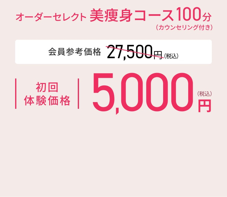 オーダーセレクト美痩身コース100分（カウンセリング付き） 会員参考価格 27,500円（税込）※ 初回体験価格 5,000円（税込）