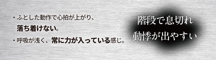 階段で息切れ動悸が出やすい
                    ・ふとした動作で心拍が上がり、落ち着けない。
                    ・呼吸が浅く、常に力が入っている感じ。