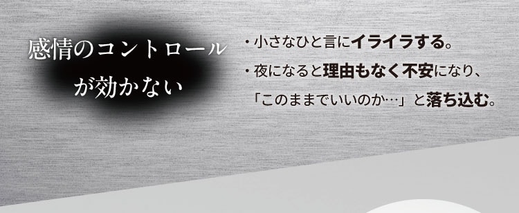 感情のコントロールが効かない
                    ・小さなひと言にイライラする。
                    ・夜になると理由もなく不安になり、「このままでいいのか…」と落ち込む。
