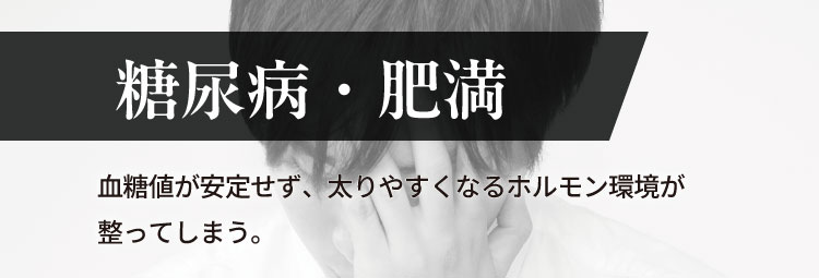 糖尿病・肥満
                    血糖値が安定せず、太りやすくなるホルモン環境が整ってしまう。