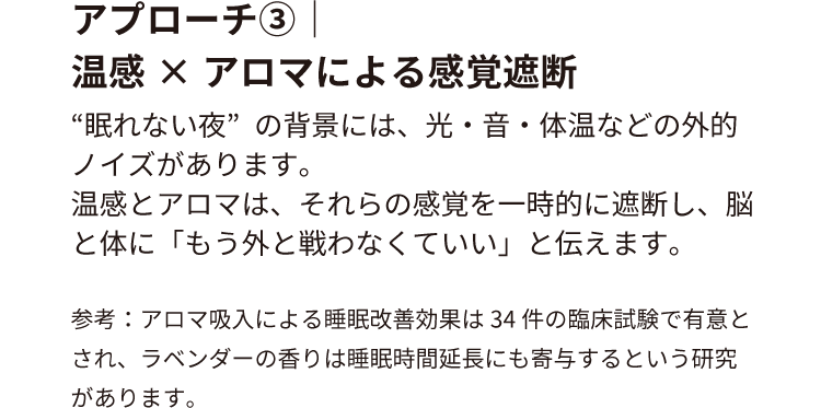 アプローチ③｜温感×アロマによる感覚遮断
                        “眠れない夜”の背景には、光・音・体温などの外的ノイズがあります。温感とアロマは、それらの感覚を一時的に遮断し、
                        脳と体に「もう外と戦わなくていい」と伝えます。
                        参考：アロマ吸入による睡眠改善効果は34件の臨床試験で有意とされ、
                        ラベンダーの香りは睡眠時間延長にも寄与するという研究があります。