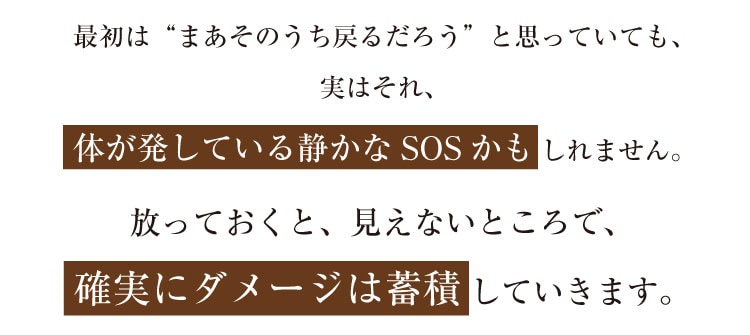最初は“まあそのうち戻るだろう”と思っていても、実はそれ、体が発している静かなSOSかもしれません。
                放っておくと、見えないところで、確実にダメージは蓄積していきます。