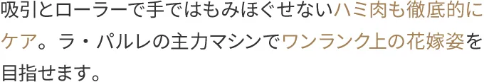 吸引とローラーで手ではもみほぐせないハミ肉も徹底的にケア。ラ・パルレの主力マシンでワンランク上の花嫁姿を目指せます。
