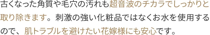 古くなった角質や毛穴の汚れも超音波のチカラでしっかりと取り除きます。刺激の強い化粧品ではなくお水を使用するので、肌トラブルを避けたい花嫁様にも安心です。