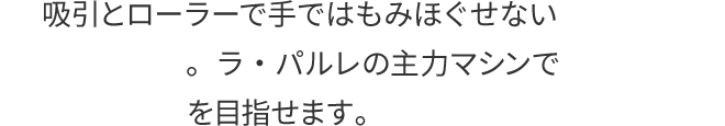 吸引とローラーで手ではもみほぐせないハミ肉も徹底的にケア。ラ・パルレの主力マシンでワンランク上の花嫁姿を目指せます。