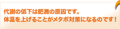 代謝の低下は肥満の原因です。体温を上げることがメタボ対策になるのです!