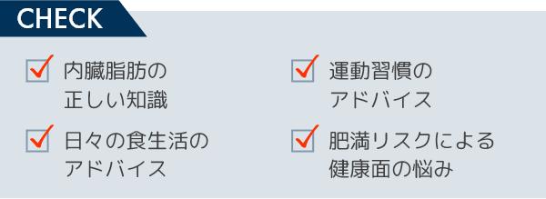 ・内臓脂肪の正しい知識・運動習慣のアドバイス・日々の食生活のアドバイス・肥満リスクによる健康面の悩み