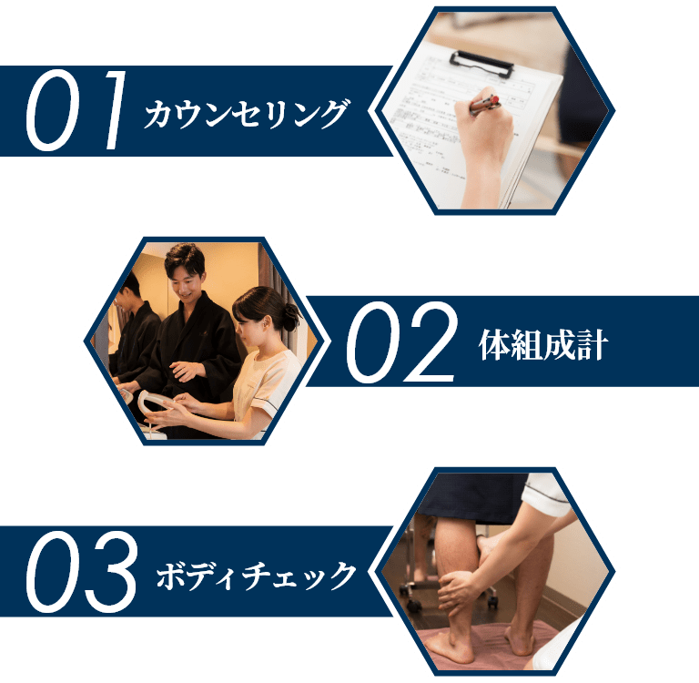 「01.カウンセリング」「02.体組成計」「03.ボディチェック」　(SP用画像)