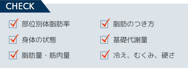 ・部位別体脂肪率・身体の状態・脂肪量・筋肉量・脂肪のつき方・基礎代謝量・冷え、むくみ、硬さ